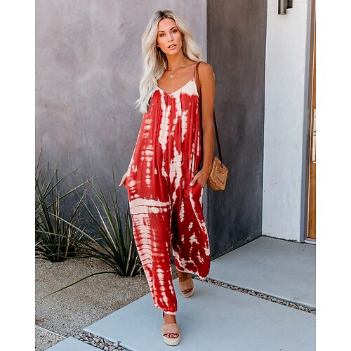 

Women's Loose Rompers Jumpsuit Oversized Print Tie Dye Oversized U Neck Sleeveless Regular Summer Green Purple Yellow Orange Red Unpositioned Printing