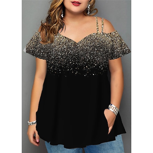 

Women's Plus Size Tops Blouse Shirt Color Gradient Cut Out Pocket Short Sleeve V Neck Streetwear Daily Back to School Polyester Spring Summer Green Blue / Print