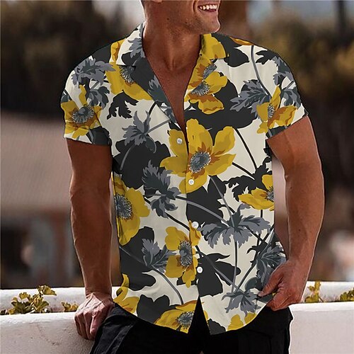 

Men's Shirt 3D Print Floral Turndown Street Casual Button-Down Print Short Sleeve Tops Designer Casual Fashion Breathable Yellow / Summer