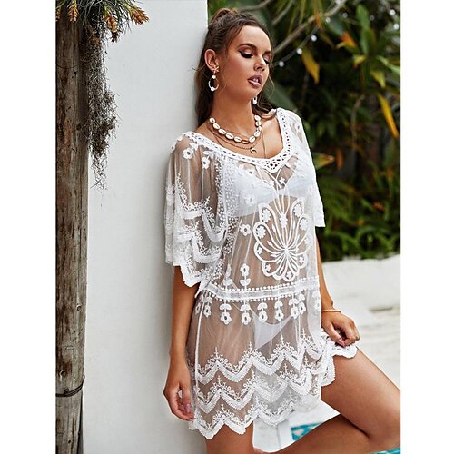 

european and american beach sunscreen women's loose mid-length pullover dress water soluble lace shirt bikini blouse