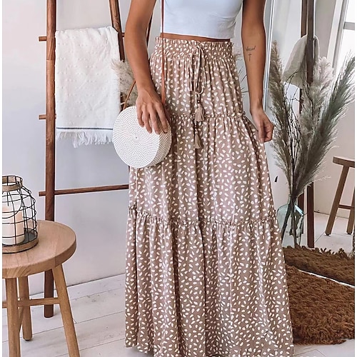 

Women's Skirt Swing Maxi Polyester Brown Skirts Summer Ruffle Drawstring Fashion Boho Hippie Gypsy Casual Daily Weekend S M L / Loose Fit