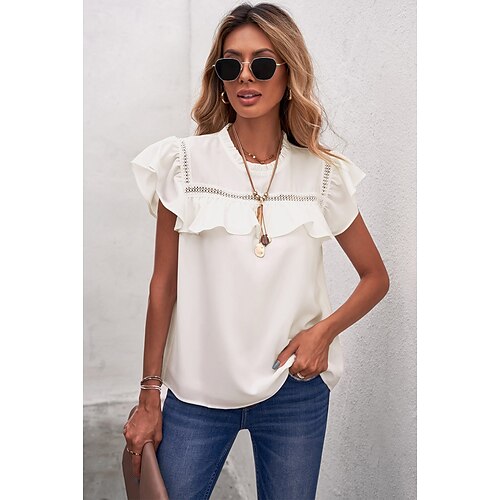 

Women's Plain Daily Weekend Blouse Shirt Short Sleeve Ruffle Round Neck Casual Streetwear Tops Green White Black S