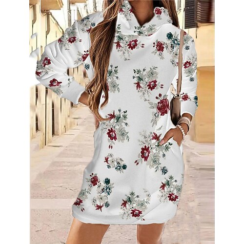 

Women's Hoodie Dress Winter Dress Short Mini Dress White Black Long Sleeve Fall Floral Pocket Print Fall Spring Hooded Casual Fashion 2022 XS S M L XL XXL 3XL 4XL