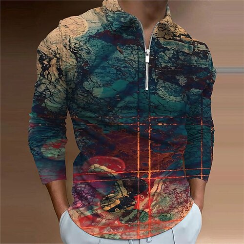

Men's Collar Polo Shirt Golf Shirt Gradient Turndown Blue 3D Print Outdoor Street Long Sleeve Zipper Print Clothing Apparel Fashion Designer Casual Breathable / Summer / Spring / Summer