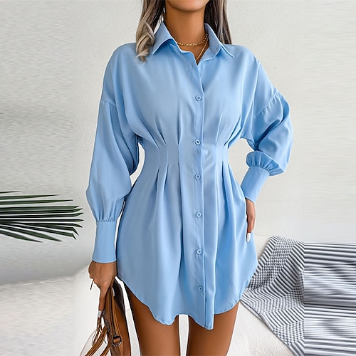 

Women's Shirt Dress Green Blue White Long Sleeve Pure Color Ruched Winter Fall Autumn Shirt Collar Mature Winter Dress Weekend Fall Dress Loose Fit 2022 S M L XL