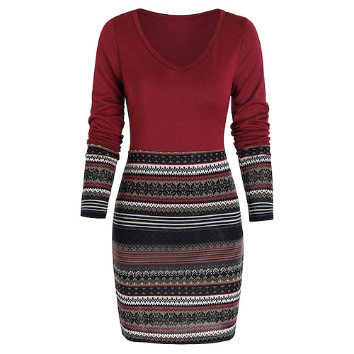 

Women's Sheath Dress Short Mini Dress Wine Long Sleeve Floral Patchwork Print Fall Winter V Neck Casual 2022 S M L XL XXL 3XL