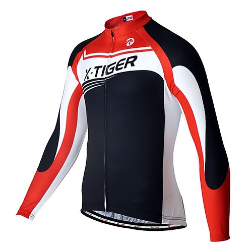 

XINTOWN Men's Cycling Jersey Long Sleeve Bike Top with 3 Rear Pockets Mountain Bike MTB Road Bike Cycling Breathable Quick Dry Soft Reflective Strips Red Blue Color Block Polyester Sports Clothing