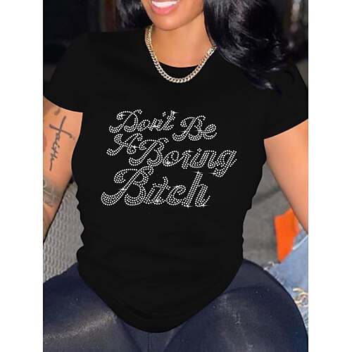 

Damen T Shirt Schwarz Buchstabe Strass Bedruckt Kurzarm Casual Wochenende Basic Rundhalsausschnitt Standard S