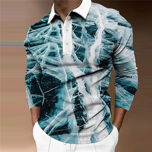 

Men's Collar Polo Shirt Golf Shirt Scenery Turndown Blue 3D Print Casual Daily Long Sleeve Button-Down Print Clothing Apparel Fashion Designer Casual Breathable / Sports