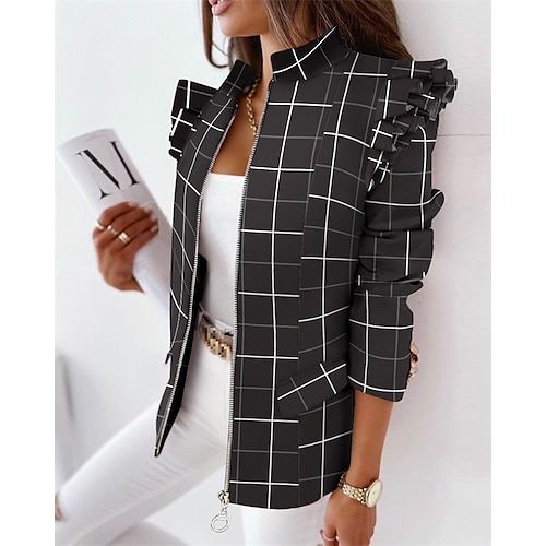 

Women's Blazer Outdoor Street Daily Fall Winter Regular Coat Stand Collar Regular Fit Warm Breathable Streetwear Elegant Jacket Long Sleeve Leopard Striped Ruffle Pocket Black Pink Khaki / Print