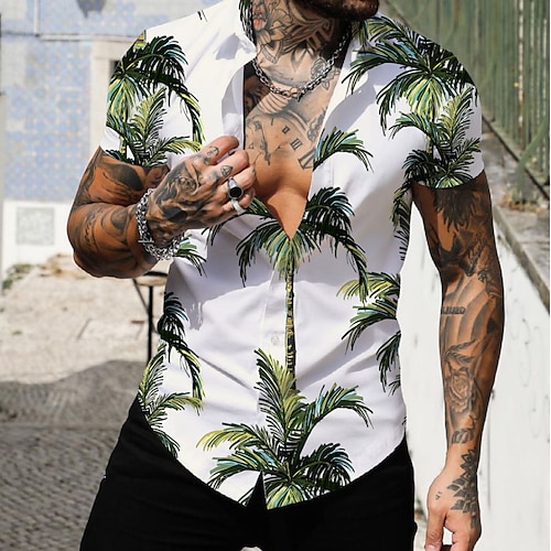 

Homens Camisa Social Árvore Folhas Aberto para a Lateral Branco Rua Casual Manga Curta Roupa Moda Roupa de rua Legal Músculo