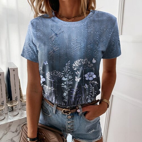 

Women's T shirt Tee Green Blue Purple Floral Print Short Sleeve Casual Holiday Basic Round Neck Regular Floral Painting S / 3D Print