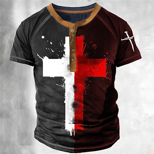 

Men's Henley Shirt T shirt Tee 3D Print Graphic Patterned Cross Henley Street Casual Button-Down Print Short Sleeve Tops Designer Basic Classic Comfortable Black / Summer