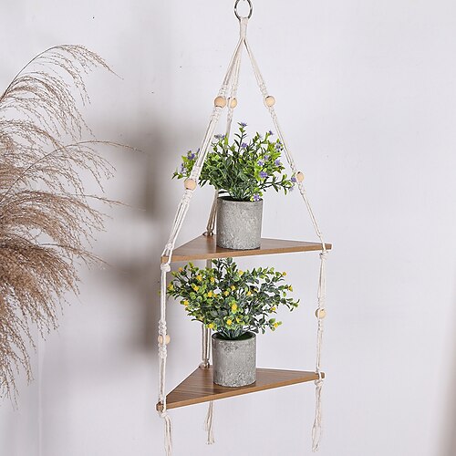 

Boho Woven Plants Hanger with Wooden Beads Handmade Cotton Rope Hanging Planters Basket Pot Indoor Outdoor Decoration No Tassels - 25 Inch