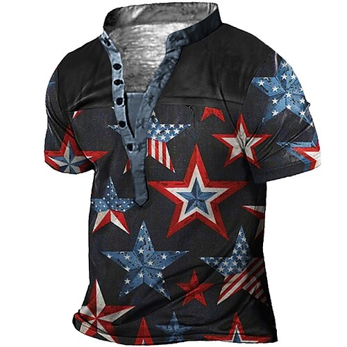

Men's Henley Shirt Tee T shirt Tee 3D Print Graphic Patterned Star Plus Size Stand Collar Daily Sports Button-Down Print Short Sleeve Tops Designer Basic Casual Big and Tall Black / Summer