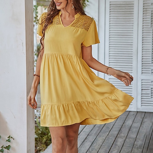 

Women's Shift Dress Yellow Short Sleeve Pure Color Lace Spring Summer V Neck Classic Loose Fit 2022 S M L XL