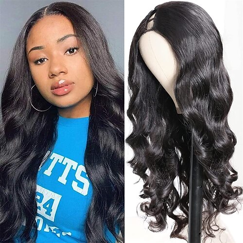 

Human Hair Wig Long Body Wave Middle Part Natural Black Easy to Carry Women Easy dressing Machine Made Brazilian Hair Women's Natural Black #1B 14 inch 16 inch 18 inch Party / Evening Daily Wear