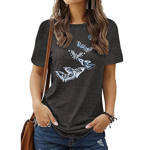 

Women's T shirt Tee Basic Print Butterfly Animals Round Neck T-shirt Sleeve Stard Summer Blue Dark Red Dark Pink Dark Green Dark Gray