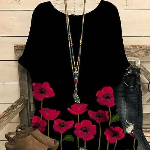 

Women's Plus Size Tops Blouse T shirt Tee Floral Print Short Sleeve Crewneck Streetwear Daily Going out Polyester Spring Summer Black Blue