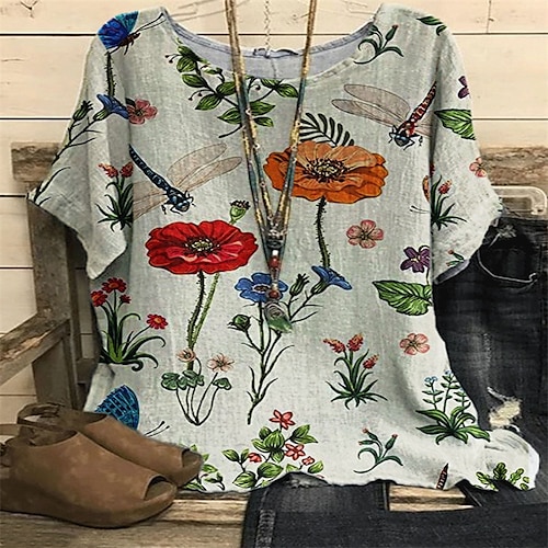 

Women's Shirt Light Green Floral Short Sleeve Round Neck S