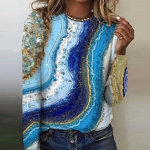 

Women's Geometric Casual Daily Going out 3D Printed T shirt Tee Long Sleeve Print U Neck Ethnic Tops Green Blue L