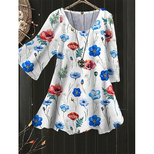 

Women's Plus Size Tops Blouse Shirt Floral Leaf Print 3/4 Length Sleeve Crewneck Streetwear Daily Holiday Polyester Spring Summer Green White