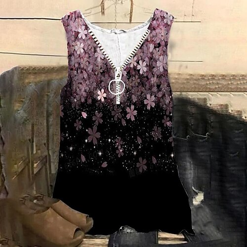 

Women's Plus Size Tops Tank Top Floral Zipper Print Sleeveless V Neck Streetwear Daily Holiday Cotton Spandex Jersey Spring Summer Pink