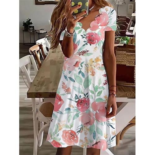 

Women's Casual Dress Shift Dress Midi Dress White Short Sleeve Floral Print Spring Summer V Neck 2022 S M L XL XXL 3XL