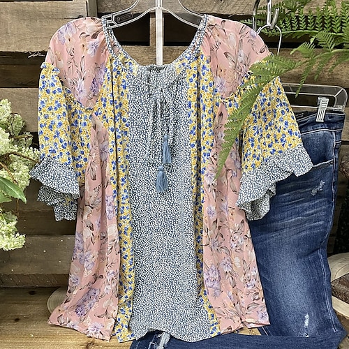 

Women's T shirt Tee Pink Blue Beige Floral Ruffle Flowing tunic Short Sleeve Casual Holiday Basic Round Neck Regular Floral Painting S