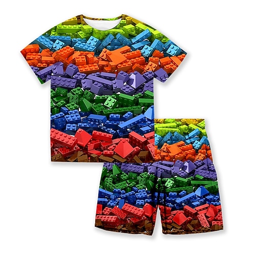 

2 Pieces Kids Boys T-shirt & Shorts Clothing Set Outfit Geometric Short Sleeve Crewneck Set Outdoor Sports Fashion Cool Spring Summer 3-13 Years Green Purple Yellow