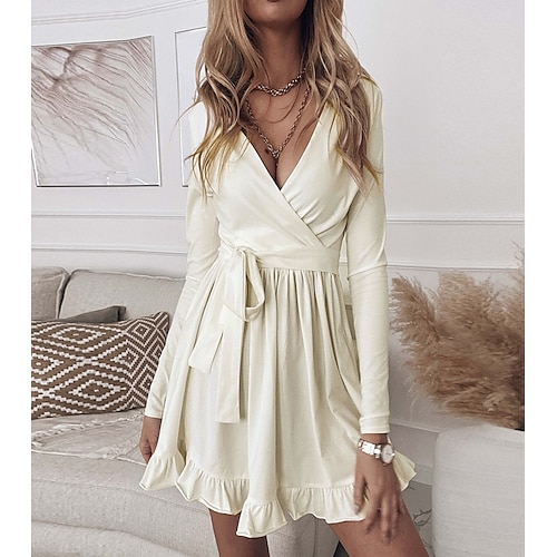 

Women's Casual Dress White Dress Mini Dress Black White khaki Long Sleeve Pure Color Ruffle Summer Spring V Neck Romantic Winter Dress Fall Dress 2023 S M L XL 2XL