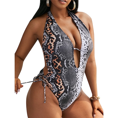 

Women's Swimwear One Piece Monokini Bathing Suits Plus Size Swimsuit Tummy Control Open Back Printing High Waisted Snake Skin Pattern Gray Plunge Bathing Suits New Vacation Fashion / Modern
