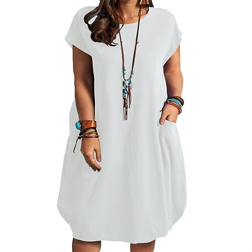 

Women's Plus Size Curve Shift Dress Solid Color Round Neck Short Sleeve Spring Summer Casual Knee Length Dress Causal Daily Dress