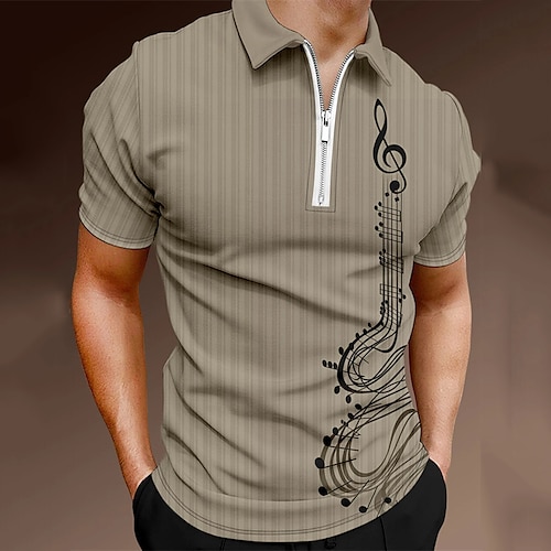 

Men's Collar Polo Shirt Golf Shirt Quarter Zip Polo Notes Turndown Light Brown Print Street Daily Short Sleeve Zipper Print Clothing Apparel Fashion Casual Breathable Comfortable / Beach