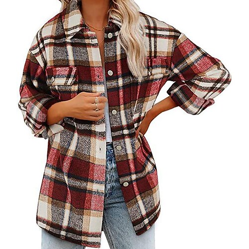 

Women's Casual Jacket Outdoor Street Fall Winter Regular Coat Regular Fit Thermal Warm Casual Shacket Jacket Long Sleeve Stripes and Plaid Print Green Dusty Blue Red