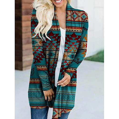 

Women's Shirt Shrugs Royal Blue Green Geometric Print Long Sleeve Holiday Weekend Streetwear Ethnic V Neck Long Geometric S