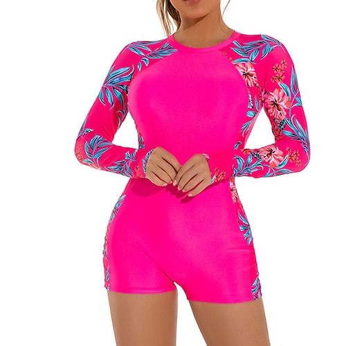 

Women's Swimwear Rash Guard Diving Normal Swimsuit Modest Swimwear Tummy Control Open Back Printing Leaves Pink Scoop Neck Bathing Suits Sports Vacation Fashion