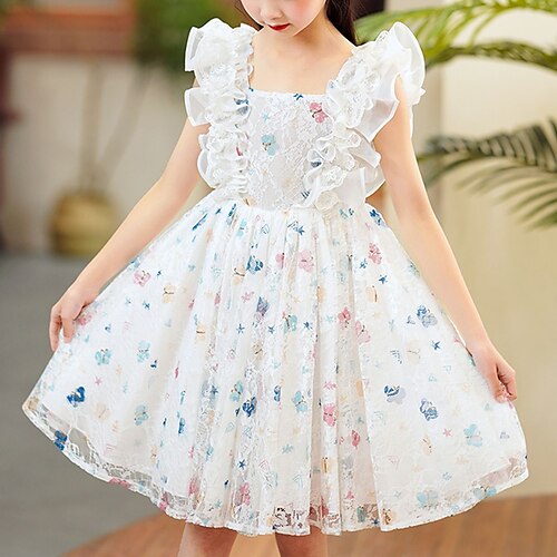 

Kids Little Girls' Dress Butterfly A Line Dress Party Daily Lace Print White Midi Short Sleeve Princess Sweet Dresses Spring Summer Regular Fit 3-10 Years