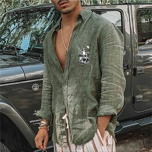 

Men's Shirt Hot Stamping Graphic Patterned Skull Turndown Street Casual Button-Down Print Long Sleeve Tops Designer Casual Fashion Big and Tall Green White / Summer