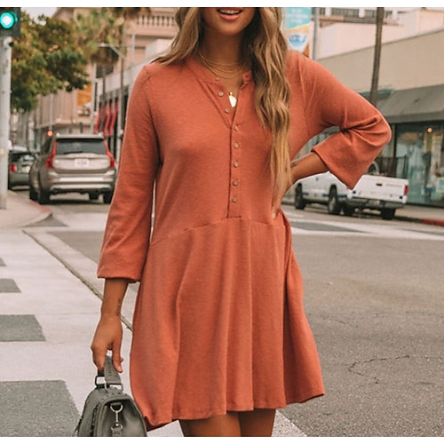 

Women's Shift Dress Short Mini Dress Orange Long Sleeve Solid Color Button Spring Summer Crew Neck Stylish Elegant Casual 2022 S M L XL
