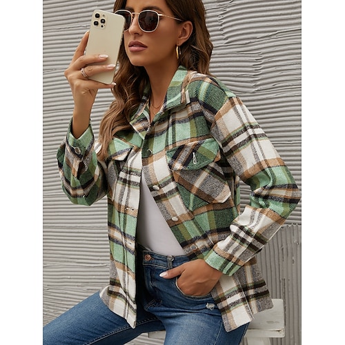 

Women's Plaid Daily Weekend Blouse Shirt Long Sleeve Pocket Button Shirt Collar Casual Streetwear Tops Green White Blue S