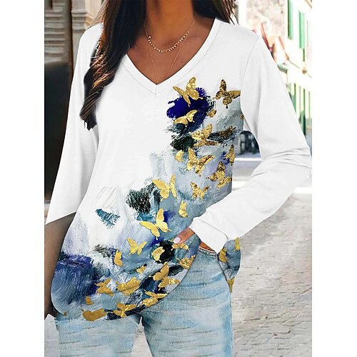

T shirt Tee Femme Blanche Arc-en-ciel Floral Papillon Imprimer manche longue Casual Fin de semaine basique Col V Normal Standard Fleur Papillon Peinture S
