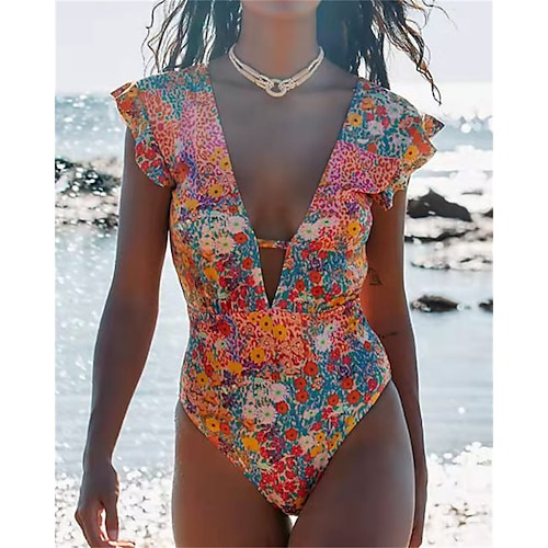 

Mujer Bañadores Una pieza Monokini Trajes de baño Normal Traje de baño Control de barriga Volante Espalda Abierta Estampado Flor Naranja Inmersión Trajes de baño nuevo Vacaciones Sensual / Moderno