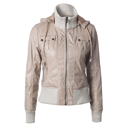 

Women's Jacket Faux Leather Jacket Street Daily Going out Fall Winter Regular Coat Stand Collar Regular Fit Waterproof Warm Casual Streetwear Jacket Long Sleeve Solid Color Full Zip Stylish Apricot