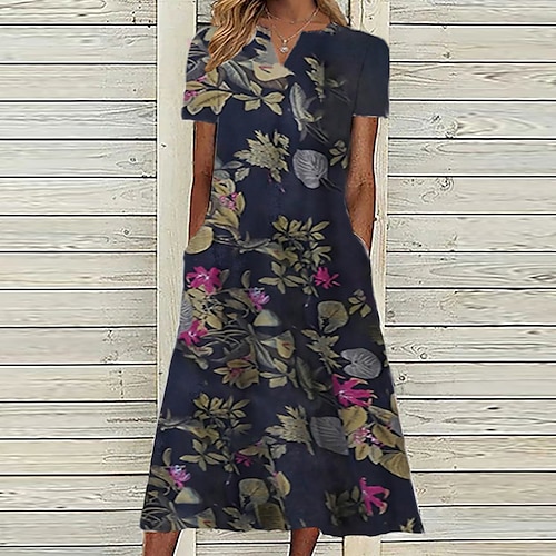 

Women's Casual Dress Midi Dress Navy Blue White Short Sleeve Floral Pocket Spring Summer V Neck 2022 S M L XL XXL 3XL