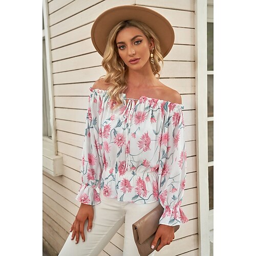 

Women's Floral Daily Weekend Floral Blouse Shirt Long Sleeve Lace up Off Shoulder Ruffle Off Shoulder Casual Streetwear Tops White Blue Pink S / 3D Print / Print