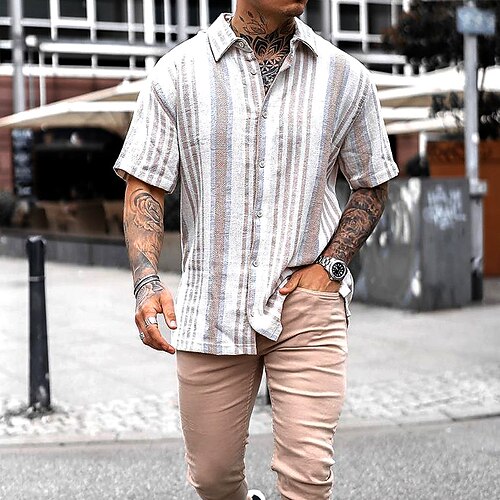 

Men's Shirt Striped Turndown Daily Holiday Button-Down Short Sleeve Tops Casual Fashion Comfortable Blue / White