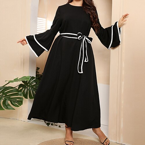 

Women's Plus Size Holiday Dress Color Block Crew Neck Print Long Sleeve Fall Spring Vintage Maxi long Dress Causal Back to School Dress