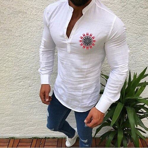 

Men's T shirt Shirt Solid Color Sun Round Neck Casual Daily Button-Down Print Long Sleeve Tops Casual Fashion Beach White Black Gray