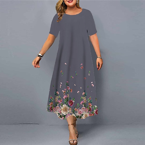 

Women's Plus Size Curve Shift Dress Floral Round Neck Short Sleeve Spring Summer Casual Maxi long Dress Causal Daily Dress